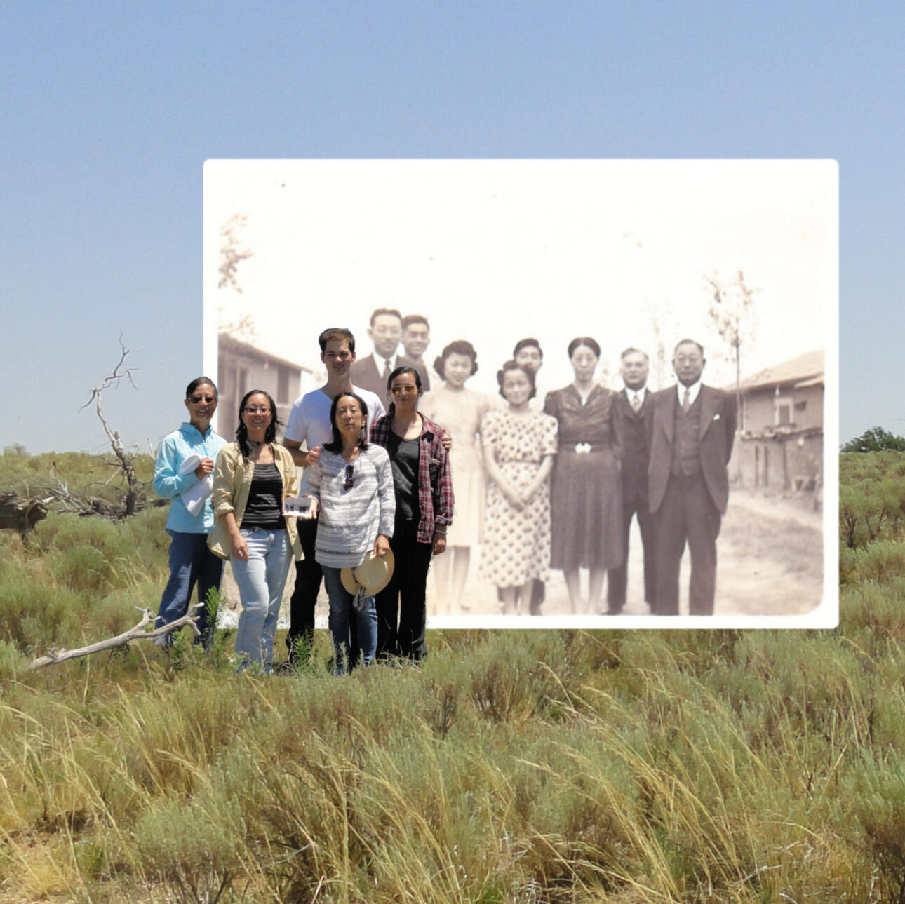 Four generations of Omoris at Amache. Photo collage by Kirsten Leong, 2016. A photo with Issei and Nissei (1st and 2nd generation) relatives at Amache during WWII superimposed on the location where it was taken, with Kirsten Leong and Sansei and Yonsei (3rd and 4th generation) relatives. Photo collage by Kirsten Leong, 2016.